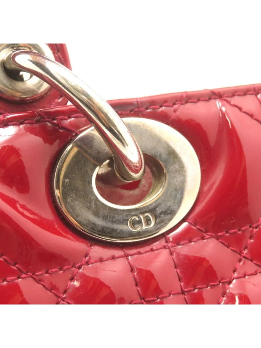 Dior Cannage Lady Dior Handbag Medium Red S Patent Leather Silver